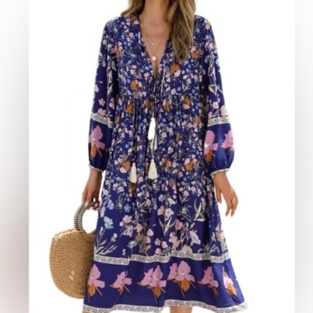 R.Vivimos Women XL Blue Floral Boho Tassel V-Neck Long Sleeve Midi Dress